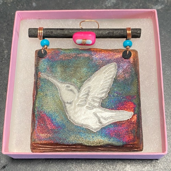 Raku Pottery Dreamcatcher Silhouette Hummingbird Tile - Picture 2 of 10